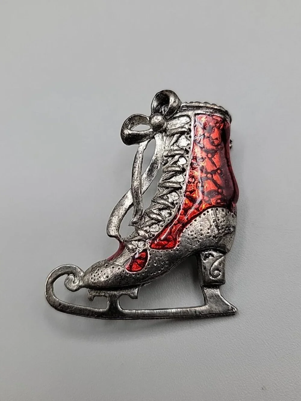 Vintage Red & Silver Tone Ice Skate Brooch Laced Up With Bow